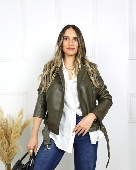 Casaco | Blusão Biker de polipele verde tropa