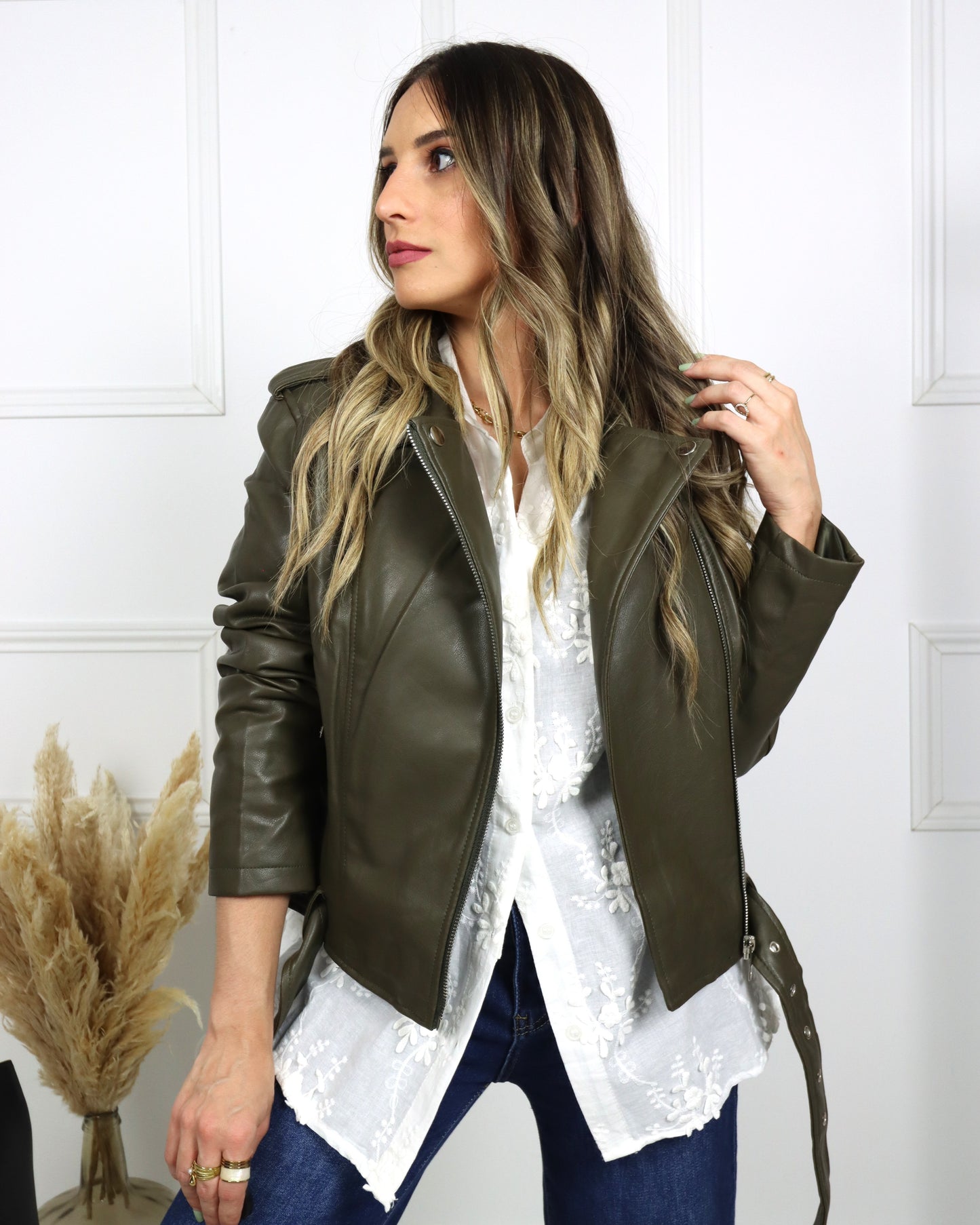 Casaco | Blusão Biker de polipele verde tropa