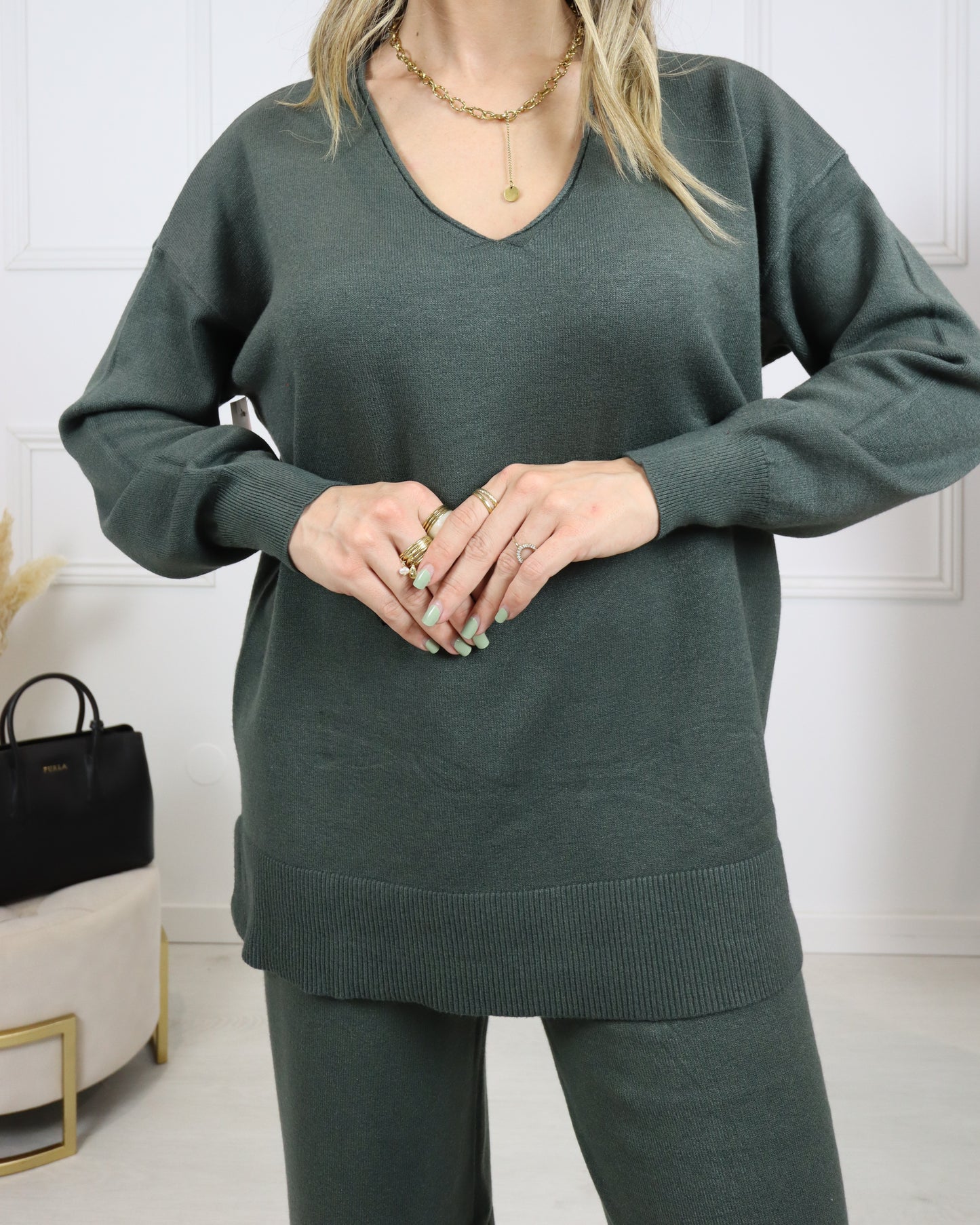 Conjunto de malha decote em V