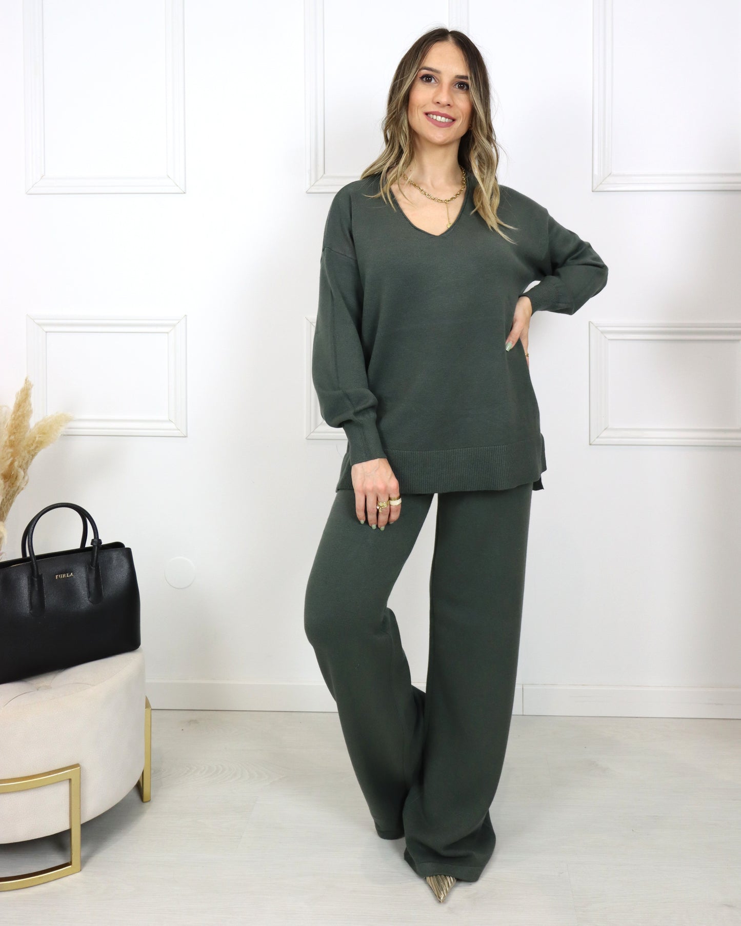 Conjunto de malha decote em V