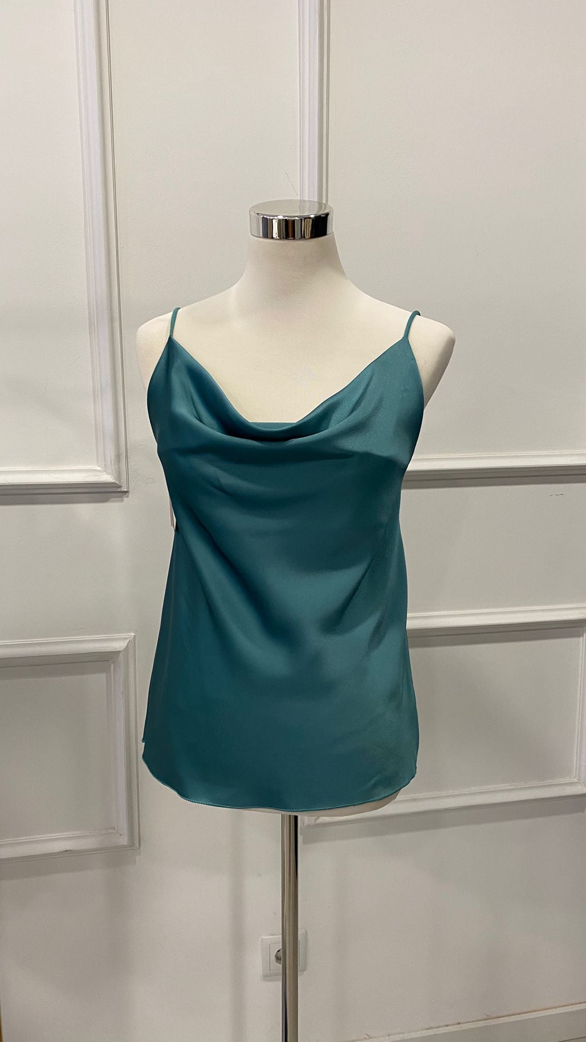 Top Cetim Decote Drapeado Verde-Petróleo